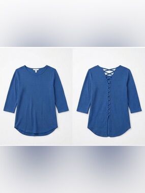 Dynamite Textured Knit Lace-Up Back Navy Blue 3/4 Sleeve Top Women’s Small